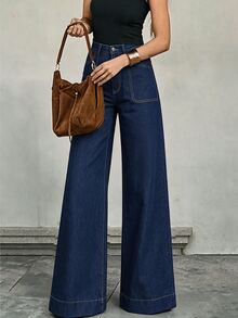 SHEIN Tall 女款時尚鈕扣口袋寬鬆牛仔褲 - 藍色 - 查看 6
