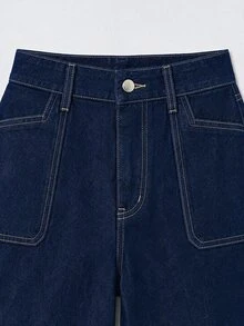 SHEIN Tall 女款時尚鈕扣口袋寬鬆牛仔褲 - 藍色 - 查看 7