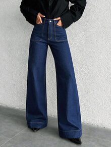 SHEIN Tall 女款時尚鈕扣口袋寬鬆牛仔褲 - 藍色 - 查看 4