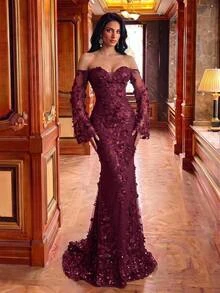 Glamrae Burgundy Cold Shoulder Deep V-Neck Sequin 3D Floral Applique Sheer Mesh Mermaid Long Dress, Long Bell Sleeves Formal Evening Gown, Suitable For Prom, Evening Party, Wedding And Party - Burgundy - View 3