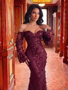 Glamrae Burgundy Cold Shoulder Deep V-Neck Sequin 3D Floral Applique Sheer Mesh Mermaid Long Dress, Long Bell Sleeves Formal Evening Gown, Suitable For Prom, Evening Party, Wedding And Party - Burgundy - View 2