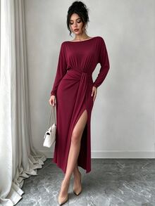 Uhlyne Uhlyne Elegant Asymmetric Hem Slit Party Midi Dress For Women, Autumn/Winter - Burgundy - View 6