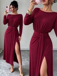 Uhlyne Uhlyne Elegant Asymmetric Hem Slit Party Midi Dress For Women, Autumn/Winter - Burgundy - View 5