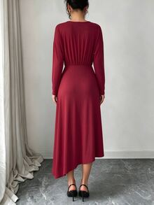 Uhlyne Uhlyne Elegant Asymmetric Hem Slit Party Midi Dress For Women, Autumn/Winter - Burgundy - View 2