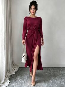 Uhlyne Uhlyne Elegant Asymmetric Hem Slit Party Midi Dress For Women, Autumn/Winter - Burgundy - View 7