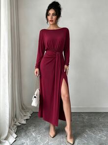 Uhlyne Uhlyne Elegant Asymmetric Hem Slit Party Midi Dress For Women, Autumn/Winter - Burgundy - View 4