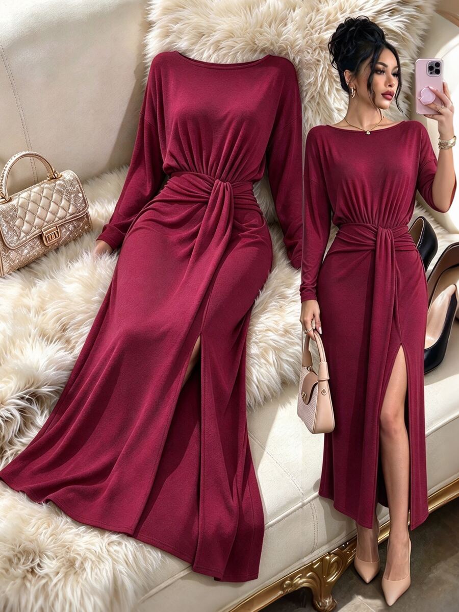 Uhlyne Uhlyne Elegant Asymmetric Hem Slit Party Midi Dress For Women, Autumn/Winter - Burgundy - View 1