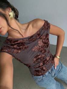 Firerie Women's Asymmetric Neck Tie-Dye Print Ruched Asymmetrical Neckline T-Shirt Top, Going Out Tops - Burgundy - View 12