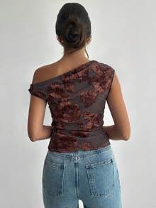 Firerie Women's Asymmetric Neck Tie-Dye Print Ruched Asymmetrical Neckline T-Shirt Top, Going Out Tops - Burgundy - View 14