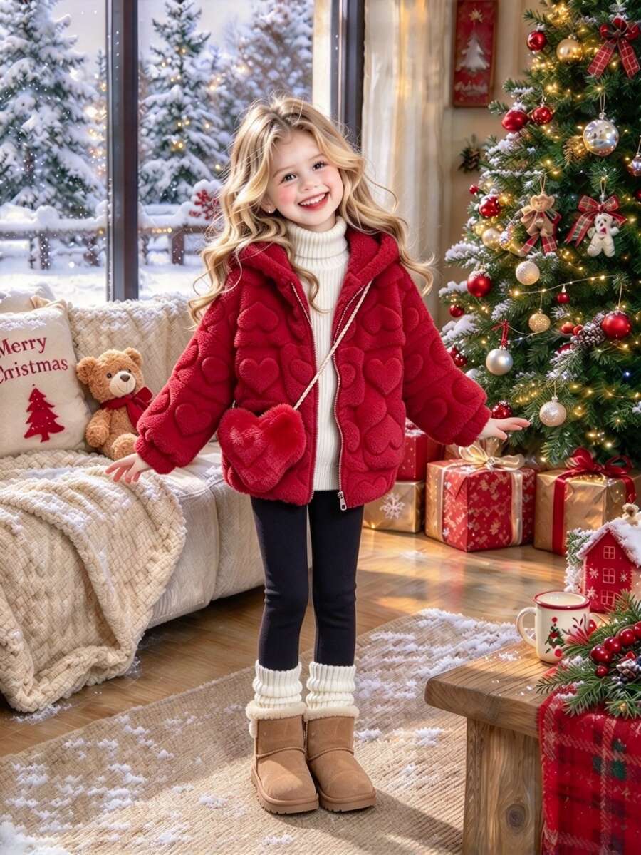 Elladie kids 女童毛絨外套,3D愛心設計,穿著舒適保暖,適合秋冬,附贈同色斜跨包,聖誕禮物 - 紅色 - 查看 1