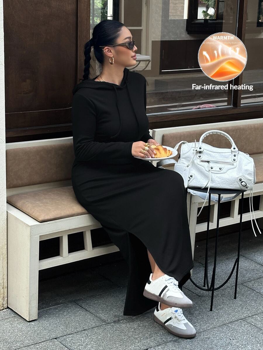 Muchica Plus Size Women's Solid Color Long Sleeve Side Slit Hem Casual Drawstring Hooded Dress - Black - View 1
