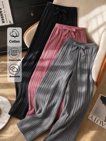 Wovencharm Wovencharm مجموعة 3 قطع بنطال طويل نسائي مقاس PETITE بتفاصيل رباط وهمي، محبوك مضلع، أسود ووردي مغبر ورمادي، ملابس منزلية كاجوال محتشمة وبسيطة للنوم والاسترخاء الصيفي