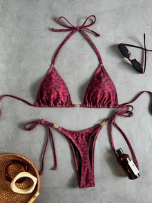 Swim Vcay Women's Tropical Leopard Print Sexy Two Pieces Bikini Set With Metal Accessories, Casual Holiday Wear - Multicolor - View 3