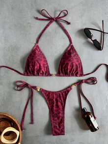 Swim Vcay Women's Tropical Leopard Print Sexy Two Pieces Bikini Set With Metal Accessories, Casual Holiday Wear - Multicolor - View 4