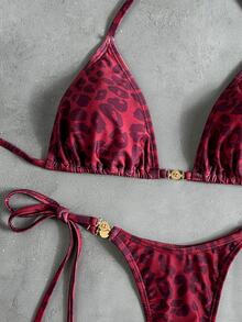 Swim Vcay Women's Tropical Leopard Print Sexy Two Pieces Bikini Set With Metal Accessories, Casual Holiday Wear - Multicolor - View 5