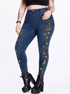 Grunge Punk Plus Size Mori Style Floral Rabbit Butterfly Print Butt-Lifting Slimming Skinny Leg Jeans