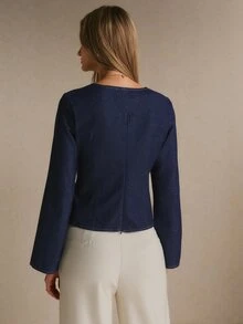Poéselle 女款V領交叉領荷葉邊牛仔上衣，配金屬扣與寬腰帶，優雅職場上衣，聖誕禮物 - 深色水洗藍 - 查看 2