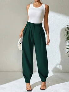 Structelle Women's Elegant High Waist Double Button Decor Pleated Straight Leg Pants, Casual Suit Pants For Spring & Autumn Search Baggy - Green - View 3