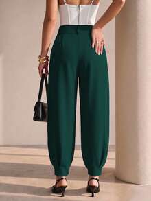 Structelle Women's Elegant High Waist Double Button Decor Pleated Straight Leg Pants, Casual Suit Pants For Spring & Autumn Search Baggy - Green - View 2