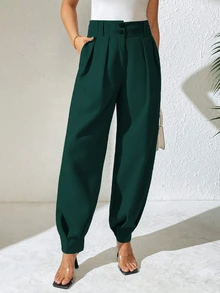 Structelle Women's Elegant High Waist Double Button Decor Pleated Straight Leg Pants, Casual Suit Pants For Spring & Autumn Search Baggy - Green - View 5