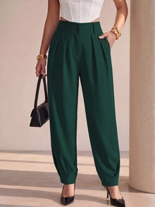 Structelle Women's Elegant High Waist Double Button Decor Pleated Straight Leg Pants, Casual Suit Pants For Spring & Autumn Search Baggy - Green - View 1