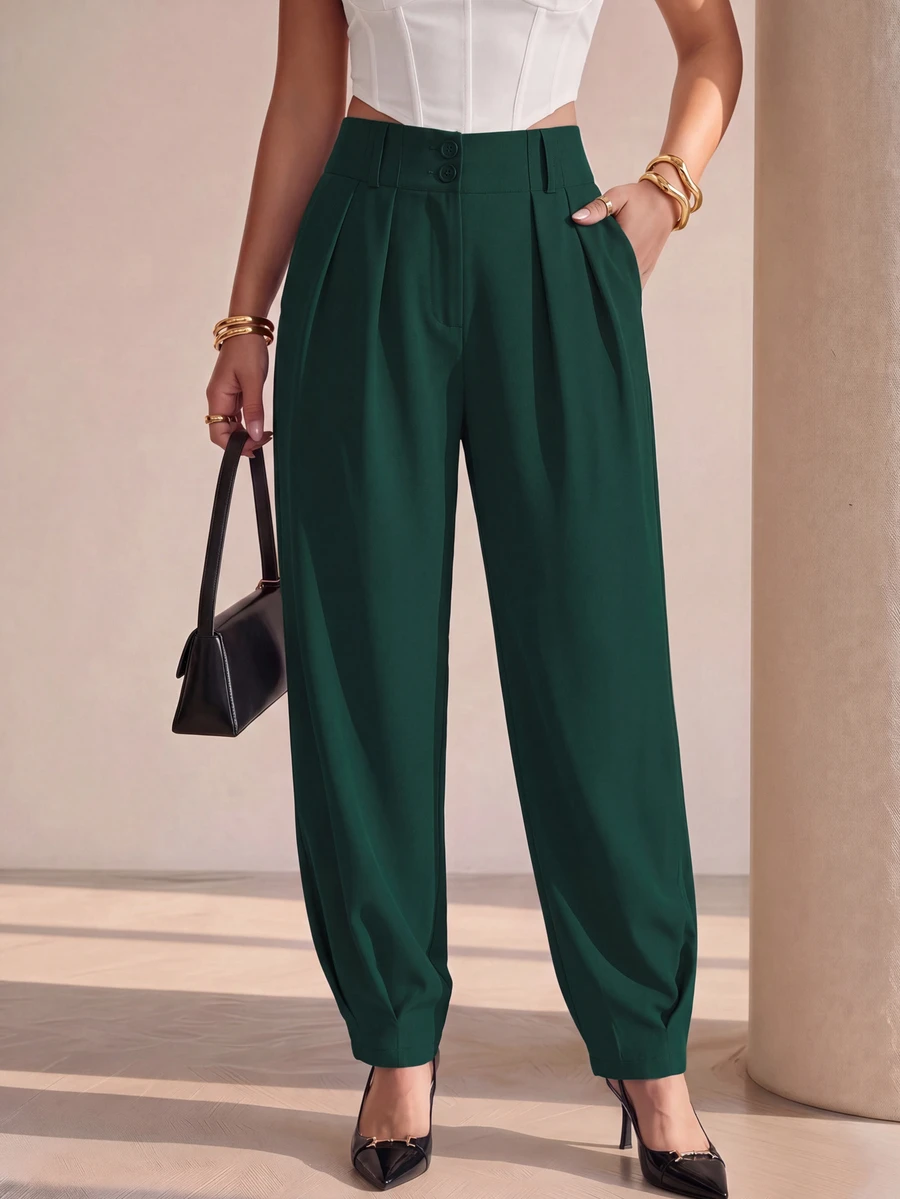 Structelle Women's Elegant High Waist Double Button Decor Pleated Straight Leg Pants, Casual Suit Pants For Spring & Autumn Search Baggy - Green - View 1