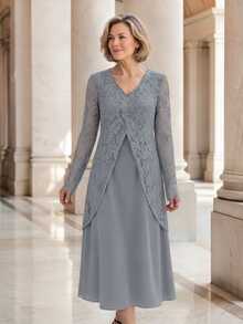 EMERY ROSE Elegant Romantic V-Neck Long Sleeve Contrast Lace Dress For Middle-Aged And Elderly Women Wedding Christening Guest Grey Fall - Grey - View 5