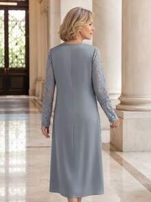 EMERY ROSE Elegant Romantic V-Neck Long Sleeve Contrast Lace Dress For Middle-Aged And Elderly Women Wedding Christening Guest Grey Fall - Grey - View 2