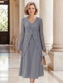 EMERY ROSE Elegant Romantic V-Neck Long Sleeve Contrast Lace Dress For Middle-Aged And Elderly Women Wedding Christening Guest Grey Fall - Grey - View 7