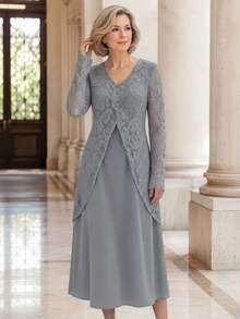 EMERY ROSE Elegant Romantic V-Neck Long Sleeve Contrast Lace Dress For Middle-Aged And Elderly Women Wedding Christening Guest Grey Fall - Grey - View 3