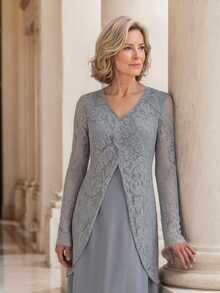 EMERY ROSE Elegant Romantic V-Neck Long Sleeve Contrast Lace Dress For Middle-Aged And Elderly Women Wedding Christening Guest Grey Fall - Grey - View 4