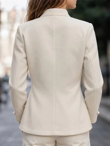SHEIN Women's Autumn/Winter Soft Solid Color Stand Collar Cuff Frog Button Patch Pocket Regular Length Daily Commute Elegant Minimalist Wool Blazer Jacket - Apricot - View 2