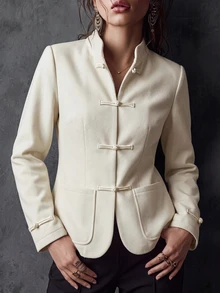 SHEIN Women's Autumn/Winter Soft Solid Color Stand Collar Cuff Frog Button Patch Pocket Regular Length Daily Commute Elegant Minimalist Wool Blazer Jacket - Apricot - View 3