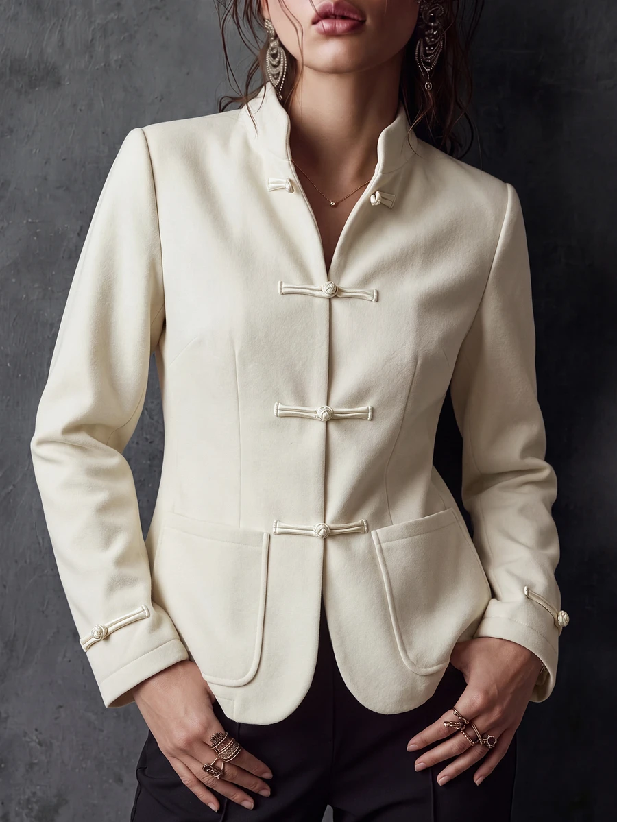SHEIN Women's Autumn/Winter Soft Solid Color Stand Collar Cuff Frog Button Patch Pocket Regular Length Daily Commute Elegant Minimalist Wool Blazer Jacket - Apricot - View 1