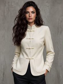SHEIN Women's Autumn/Winter Soft Solid Color Stand Collar Cuff Frog Button Patch Pocket Regular Length Daily Commute Elegant Minimalist Wool Blazer Jacket - Apricot - View 1