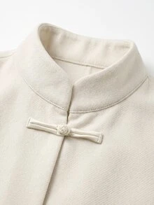 SHEIN Women's Autumn/Winter Soft Solid Color Stand Collar Cuff Frog Button Patch Pocket Regular Length Daily Commute Elegant Minimalist Wool Blazer Jacket - Apricot - View 5