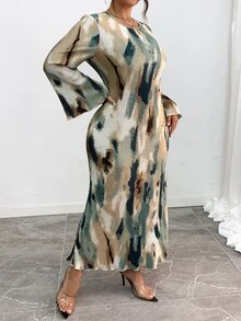 Elenzga Plus Size Crew Neck Long Puff Sleeve Floral Print Pleated Fitted Dress, For Christmas Maxi Women Outfit Fall - Green - View 5