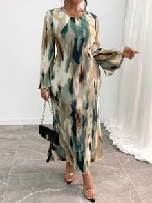 Elenzga Plus Size Crew Neck Long Puff Sleeve Floral Print Pleated Fitted Dress, For Christmas Maxi Women Outfit Fall - Green - View 7