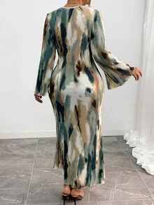 Elenzga Plus Size Crew Neck Long Puff Sleeve Floral Print Pleated Fitted Dress, For Christmas Maxi Women Outfit Fall - Green - View 2