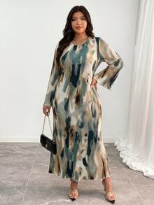 Elenzga Plus Size Crew Neck Long Puff Sleeve Floral Print Pleated Fitted Dress, For Christmas Maxi Women Outfit Fall - Green - View 1