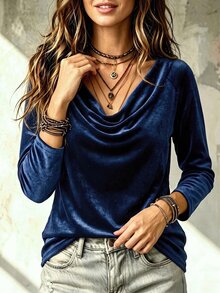 Glimmora New Women's Fashion Casual Versatile Cowl Neck Raglan Sleeve Long Sleeve T-Shirt - Blue - View 3