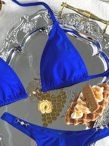 Swim Vcay Women's Summer Beach Solid Color Halter Tie Sexy Bikini Swimwear Set - Royal Blue - View 6