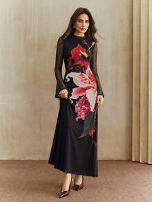 Anewsta Women's New Elastic Mesh Floral Print Stand Collar Waist-Cinching Flare Sleeve Long Dress - Black - View 4