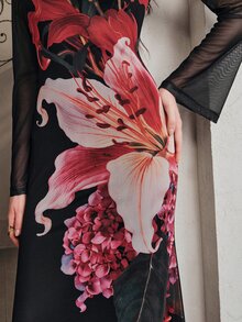 Anewsta Women's New Elastic Mesh Floral Print Stand Collar Waist-Cinching Flare Sleeve Long Dress - Black - View 3