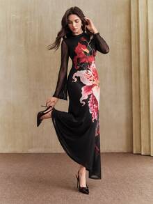 Anewsta Women's New Elastic Mesh Floral Print Stand Collar Waist-Cinching Flare Sleeve Long Dress - Black - View 6