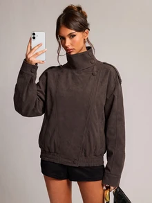 SHEIN BAE 女款純色立領休閒百搭日常旅行長袖外套 - 咖啡棕 - 查看 7