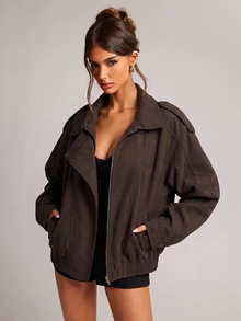 SHEIN BAE 女款純色立領休閒百搭日常旅行長袖外套 - 咖啡棕 - 查看 3
