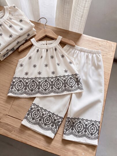 SHEIN LMoss Kids 可爱女宝宝休闲简约度假风碎花图案上衣和裤子套装，适合生日派对、聚会、演出、婚礼、洗礼、开幕式、日常生活、上学、旅行以及秋冬季节。女宝宝两件套亚麻套装，可爱复古风女宝宝两件套，女宝宝夏季服装套装。