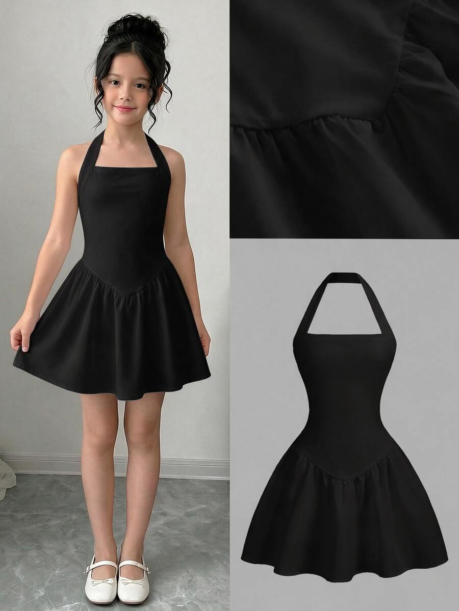 Firerie Kids Firerie Kids Tween Girls Casual White Elegant Knit Spaghetti Strap Snug Fit A-Line Mini Dress, Suitable For Party, Outing, Back To School Outfit - Black - View 1