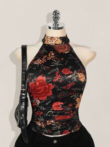 SHEIN ICON 加大码 Y2K 夏季外出波西米亚风西部乡村音乐会女式性感露背花卉印花挂脖上衣，夏季 - 黑色 - 查看 2